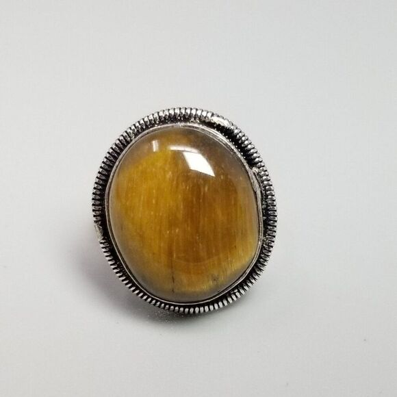 Vintage Brown Tigers Eye Oval Cabochon Ring, Size 7 Silver Tone Bezel Set Band - Picture 8 of 8